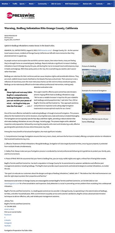 Press release - warning, bedbug infestation