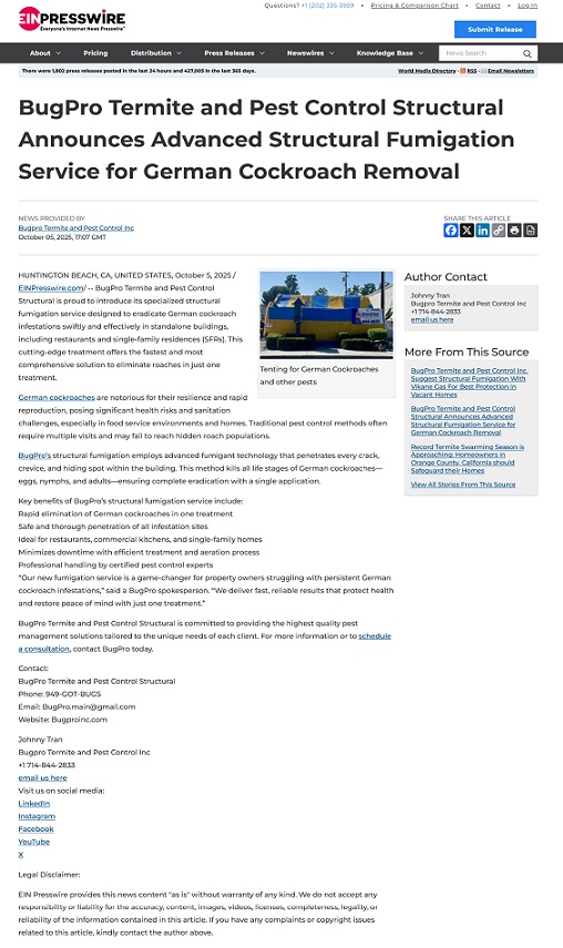 Press Release cockroach removal